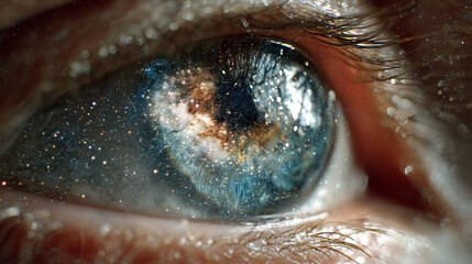 Close-up of an eye iris reflecting the entire universe, symbolizing cosmic awareness, infinite imagination, insight, connection, and the boundless nature of perception.