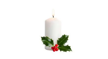 A single white christmas candle with holly and berries isolated on transparent background