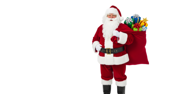 Full body santa claus with sack of gifts isolated on transparent background