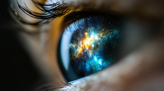 Close-up of an eye iris reflecting the entire universe, symbolizing cosmic awareness, infinite imagination, insight, connection, and the boundless nature of perception.
- Powered by Adobe