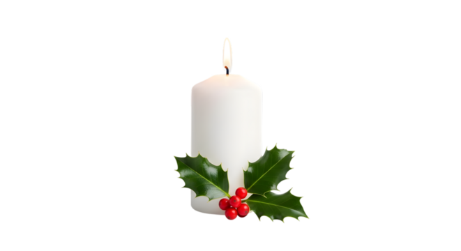 A single white christmas candle with holly and berries isolated on transparent background