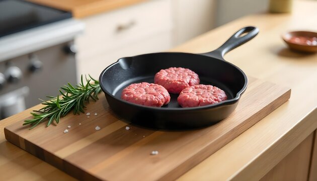 Raw Beef Patties in Cast Iron Skillet with Rosemary on Wooden Board in Kitchen