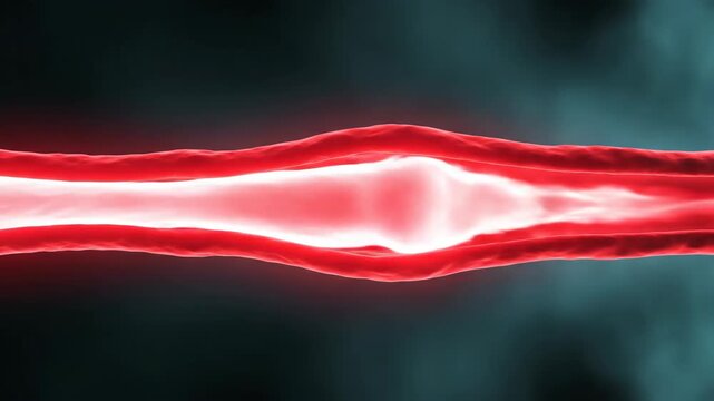 A single, thin, constricted, glowing red line (capillary) in a black void, which "breathes" outward and widens in response to a soft, diffuse, teal "aura" (nitric oxide).