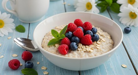 Healthy Oatmeal Porridge with Fresh Berries & Mint. Nutritious Breakfast on Blue Wooden Table