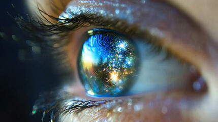 Close-up of an eye iris reflecting the entire universe, symbolizing cosmic awareness, infinite imagination, insight, connection, and the boundless nature of perception.