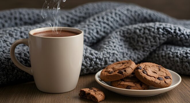 Steaming hot chocolate mug with chocolate chip cookies and cozy knitted blanket on a wooden table