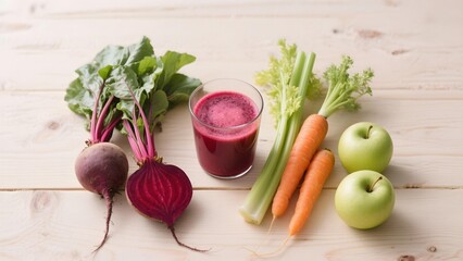 Vibrant fresh beet, carrot, celery, and apple juice with whole ingredients on a light wood background. Healthy detox drink.