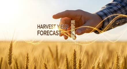 Farmer Interacting with Harvest Yield Forecast Hologram in Wheat Field