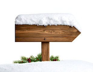 Winter wooden arrow signpost blanketed in fresh snow, with festive pine needles and red berries, isolated on a pure white background, ideal for seasonal themes