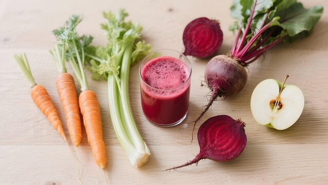 Freshly made red juice with raw beets, carrots, celery, and apple on a wooden surface, highlighting healthy eating and juicing - Powered by Adobe