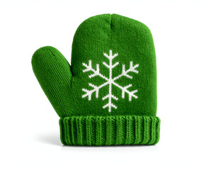 A vibrant green mitten with a white snowflake motif, perfect for winter warmth and holiday cheer