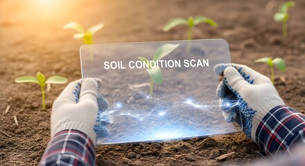 Farmer Using Transparent Tablet for Soil Condition Scan with Young Plants