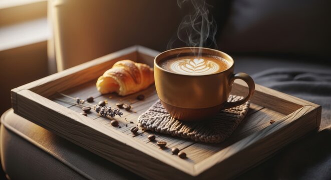 Warm morning coffee and croissant on a wooden tray with coffee beans - Powered by Adobe