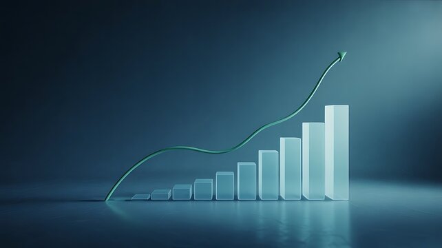 Digital chart shows business growth represented by rising bar graph with arrow pointing upward symbolizing success and positive trend