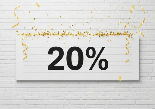 White sign with 20 percent and gold confetti on brick wall twenty black