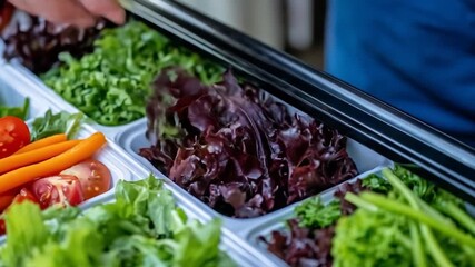 Hand prepare fresh colorful salad with organic vegetables in meal tray - Powered by Adobe