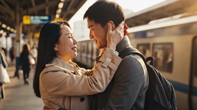 Emotional reunion of a loving couple embracing on a sunlit train station platform