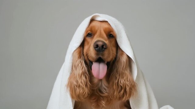 A golden dog wrapped in a white towel with a playful expression.