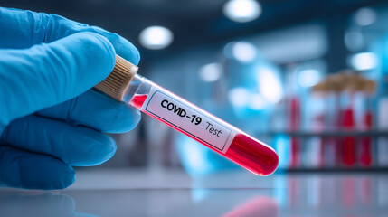 Naklejka premium COVID-19 blood test vial, virus screening, healthcare laboratory sample