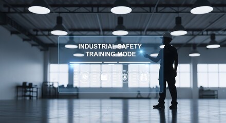 Industrial Worker in VR Industrial Safety Training Mode with Holographic Interface