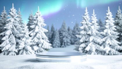 Fototapeta premium A sleek winter platform crafted from polished ice and frosted glass, surrounded by dense fir trees with snow-laden branches, a snow podium at the center glowing with embedded LED accents. Gentle snowf