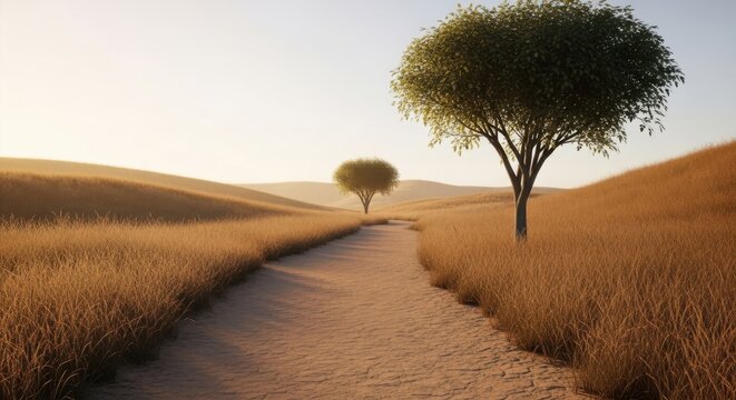 Serene pathway through golden fields leading to distant trees under a clear sky