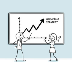 Happy stick figures demonstrate a successful marketing strategy with an upward-trending graph on a whiteboard, representing business achievement.
