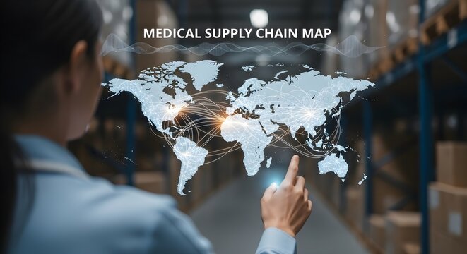 Logistics Manager Reviewing Medical Supply Chain Map on Virtual Display in Warehouse