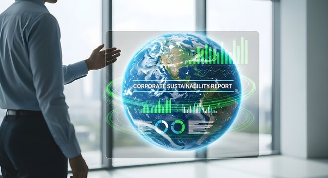 Businessman Presenting Corporate Sustainability Report on Holographic Earth Display