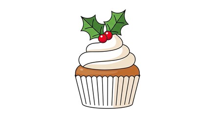 Classic christmas cupcake with holly, simple festive holiday sweet dessert