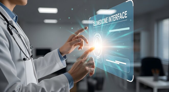 Doctor Interacting with Telemedicine Interface Hologram for Virtual Consultations
