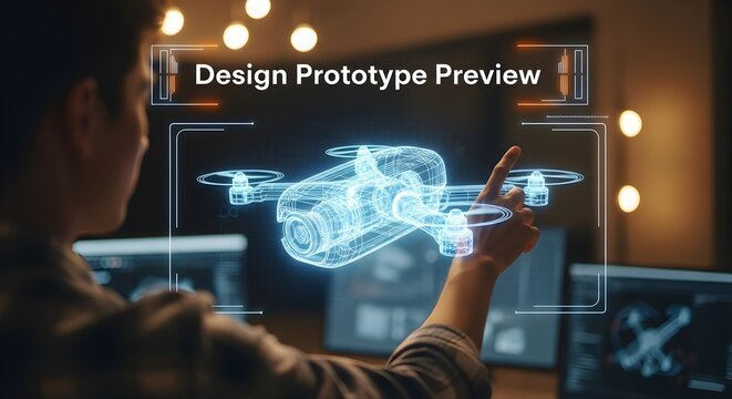 Engineer or Designer Reviewing Design Prototype Preview of Drone on Holographic Display