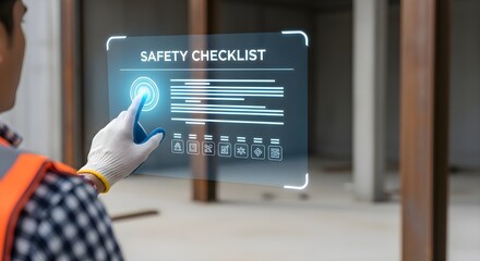 Construction Worker or Supervisor Completing Safety Checklist on Virtual Display