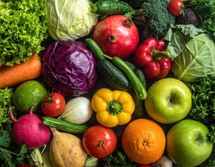Abundance of Fresh Raw Vegetables and Fruits Overhead Close Up View Rich Colors and Textures a Nutritional Healthy Lifestyle Backdrop