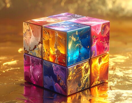 Abstract cube sculpture with colorful, swirled internal designs