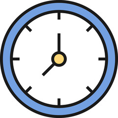 Blue analog clock face with black hour marks and yellow center and transparent background representing time passing and punctuality