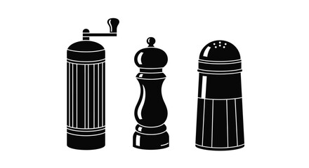 Black and white illustration of salt pepper mill and shaker set