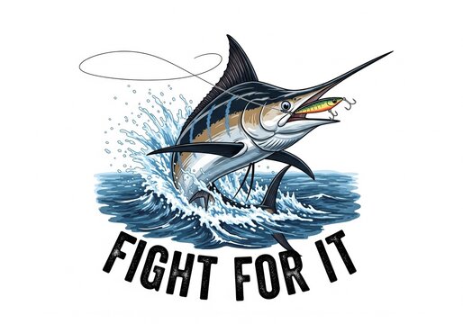 blue marlin as a print design on various media such as t-shirts, mugs, hats, tote bags, etc. for various events related to fishing hobbies, vintage cartoon flat design illustrations
