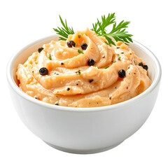 Rich and savory smoked cod roe spread isolated on white background, a luxurious scandinavian appetizer or dip for crackers and bread