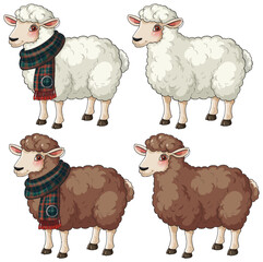 Cartoon White and Brown Sheep With Plaid Scarf