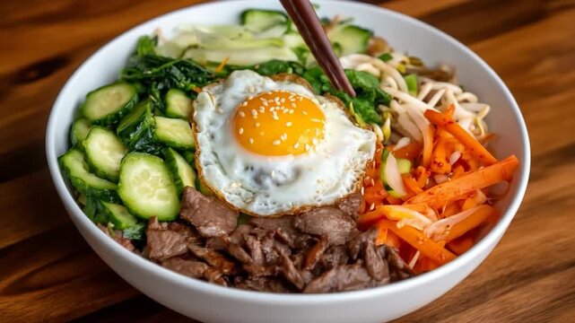 Colorful mixed food bowl with fried egg and assorted fresh vegetables