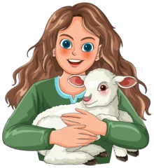 Fototapete Rund Kinder Smiling Girl Holding a Lamb in Her Arms  © GraphicsRF
