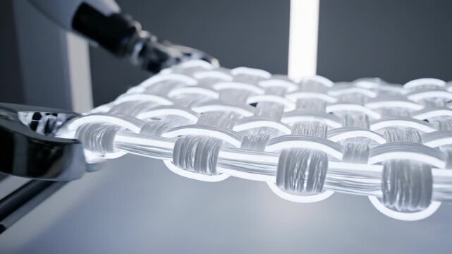 An extreme macro, slow-motion shot of a high-tech loom weaving glowing, flexible, white fibers (collagen) into a 3D lattice, which is then shown stretching resiliently.