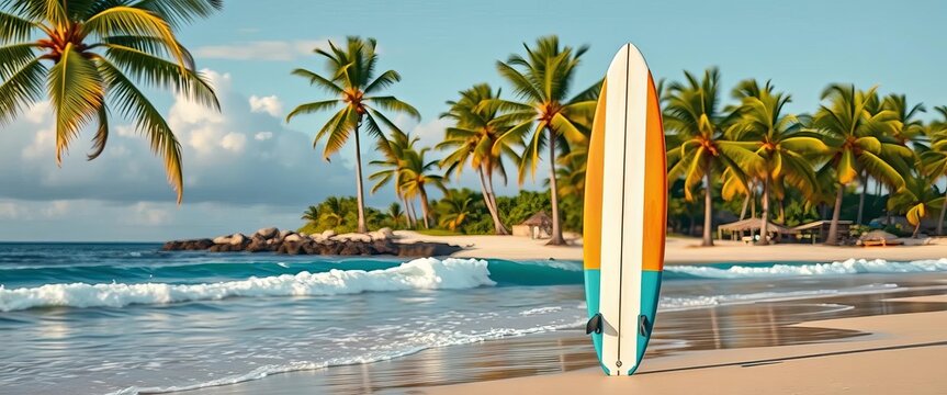Stylized surfboard standing on a tropical beach with palm trees, symbolizing beach adventure, sport, ocean