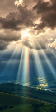 Sunlight breaking through stormy clouds to reveal a brilliant, full rainbow over rolling hills and lush fields,  spectrum,  fields