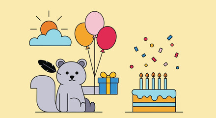 Birthday party illustration with squirrel cake balloons and confetti