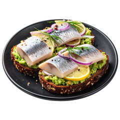Rustic herring smørrebrød, a simple and flavorful scandinavian open-faced sandwich, arranged on a dark surface and cleanly isolated on white background
