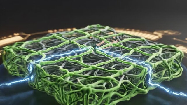 A "Structural Analysis" UI scans a 3D "damaged" lattice (ECM) with red "STRESS POINT" alerts, then "remodels" it to show a stable, green "INTEGRITY 100%".