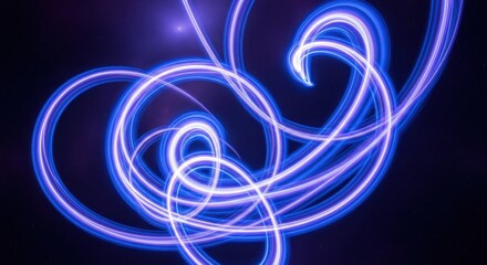 Abstract swirling neon light trails in deep purple and electric blue against a dark background