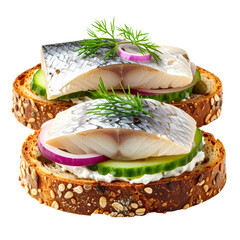 Simple smørrebrød with pickled herring, a delicious and easy nordic open-faced sandwich, cleanly isolated on white background for a studio shot with copy space
